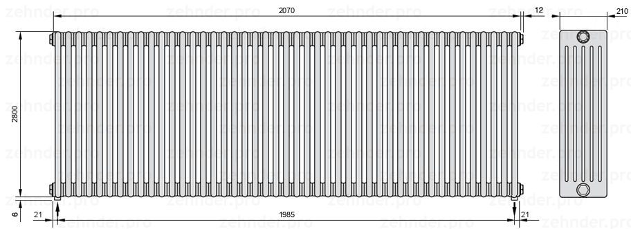 Схема (чертеж) Радиатор Zehnder Charleston 6280/45 №5310 Белый глянцевый RAL 9016
